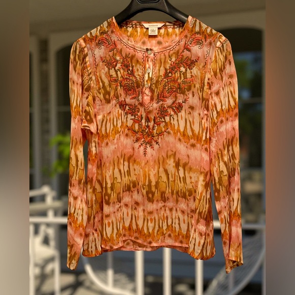 Sundance Tops - Sundance NWOT Size PL Pretty Orange & Brown Semi-Sheer Long Sleeve Blouse (0635)
